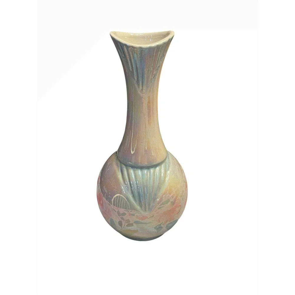 Vtg Iridescent Ceramic Vase 12